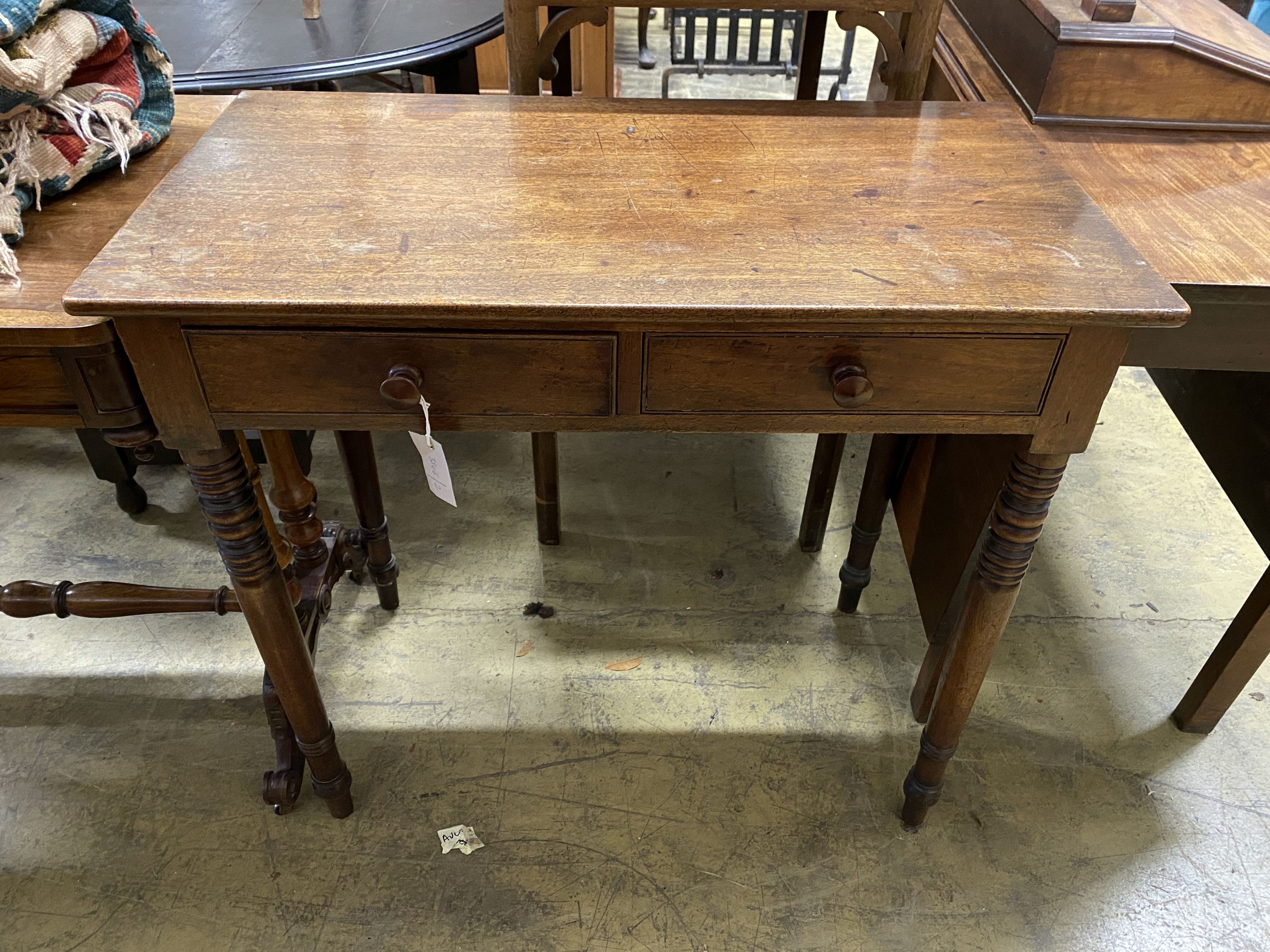 A Regency mahogany two drawer side table, width 83cm, depth 45cm, height 78cm